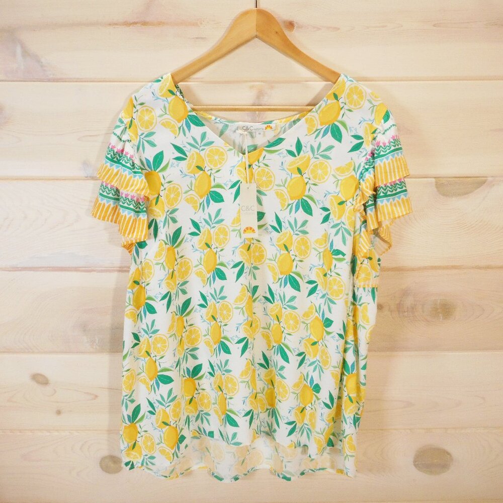 C&C California Womens Plus Size 1X Tropical Lemons Ruffle Sleeve Top NWT V-neck